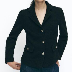 Zara Black Textured Blazer with Gold Embossed Buttons | Size M | Tailored Jacket